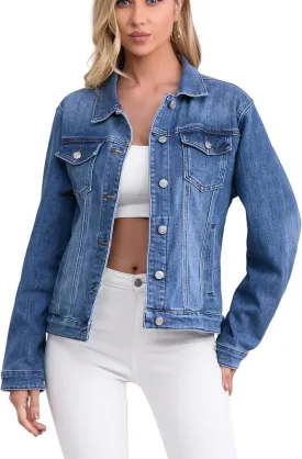 Women's Stretch Jean Jacket, Lightweight Soft Denim Jacket for Women Fitted Long Sleeve Womens Jean Trucker Coat