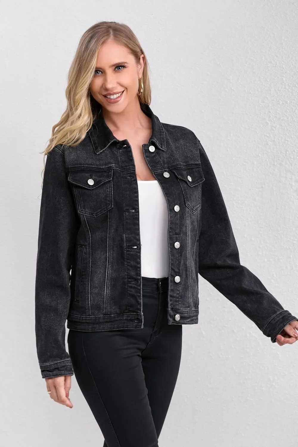 Women's Stretch Jean Jacket, Lightweight Soft Denim Jacket for Women Fitted Long Sleeve Womens Jean Trucker Coat