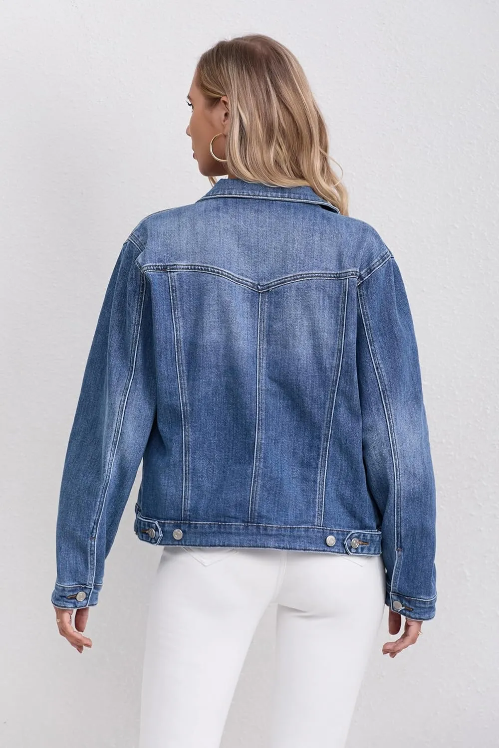 Women's Stretch Jean Jacket, Lightweight Soft Denim Jacket for Women Fitted Long Sleeve Womens Jean Trucker Coat