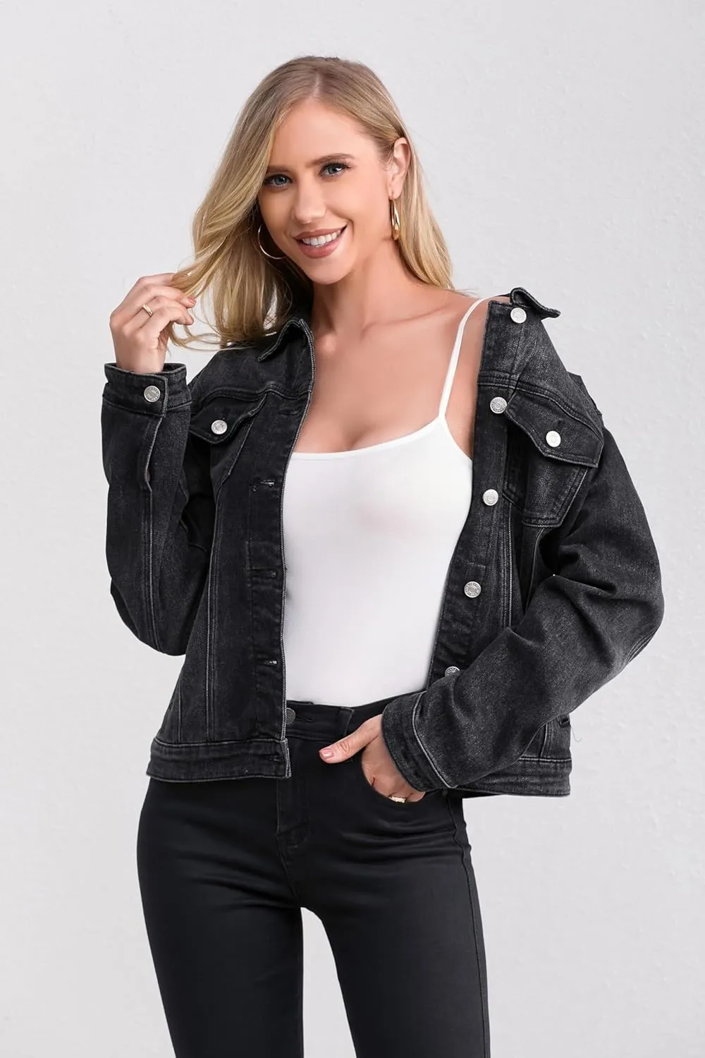 Women's Stretch Jean Jacket, Lightweight Soft Denim Jacket for Women Fitted Long Sleeve Womens Jean Trucker Coat