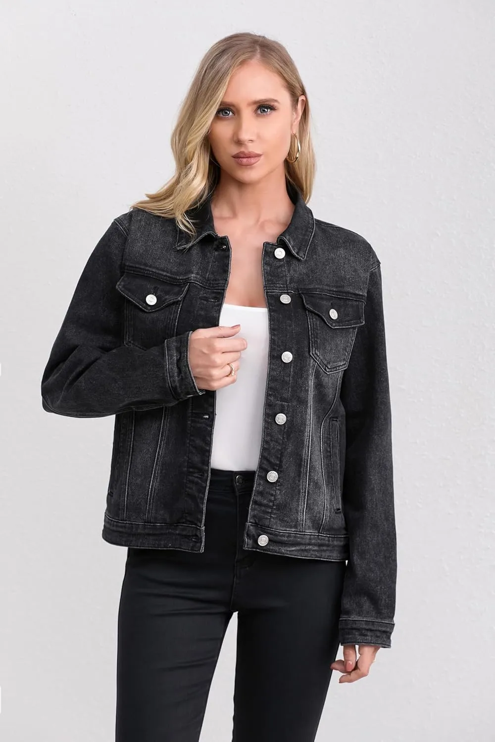Women's Stretch Jean Jacket, Lightweight Soft Denim Jacket for Women Fitted Long Sleeve Womens Jean Trucker Coat