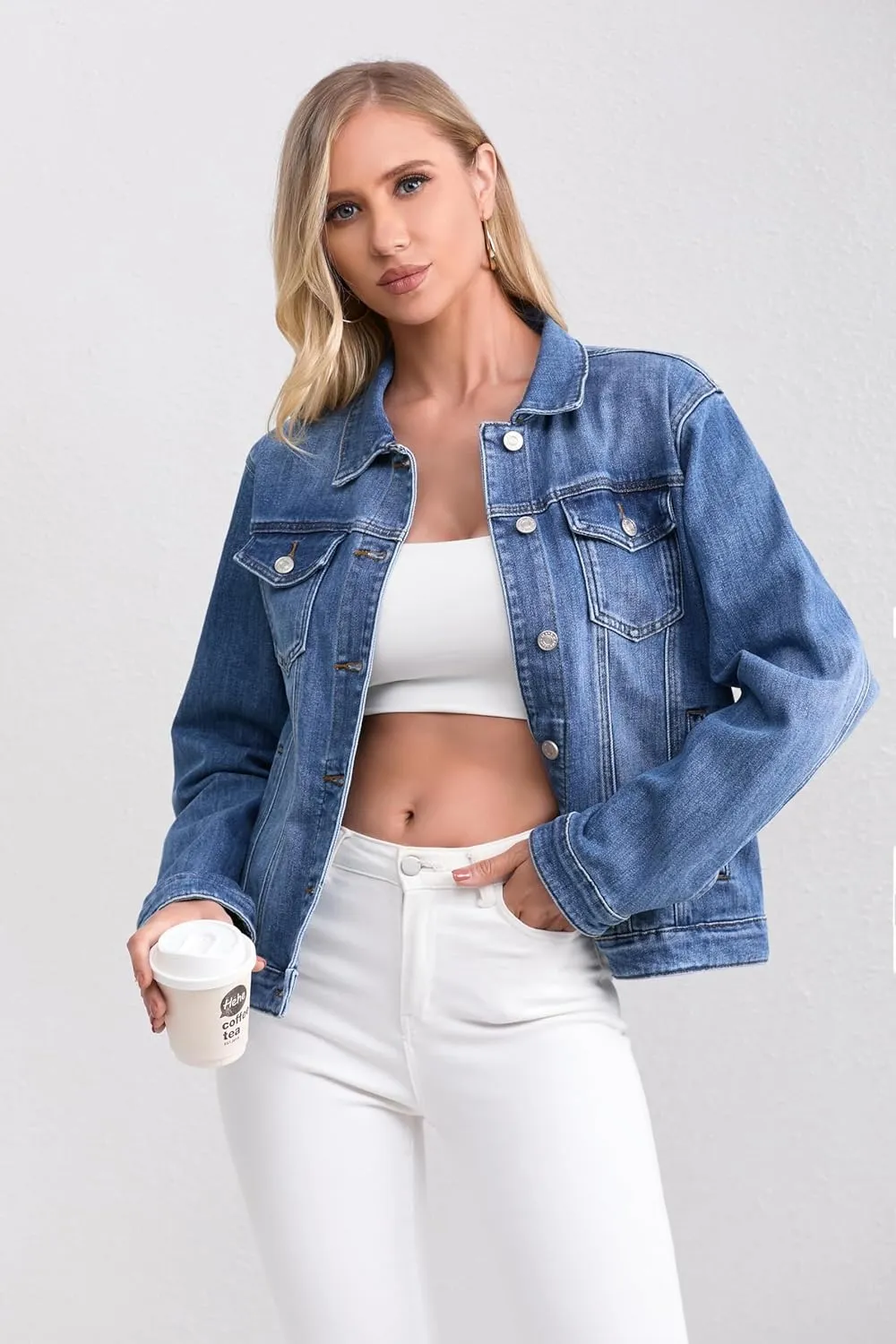 Women's Stretch Jean Jacket, Lightweight Soft Denim Jacket for Women Fitted Long Sleeve Womens Jean Trucker Coat