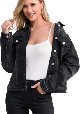 Women's Stretch Jean Jacket, Lightweight Soft Denim Jacket for Women Fitted Long Sleeve Womens Jean Trucker Coat
