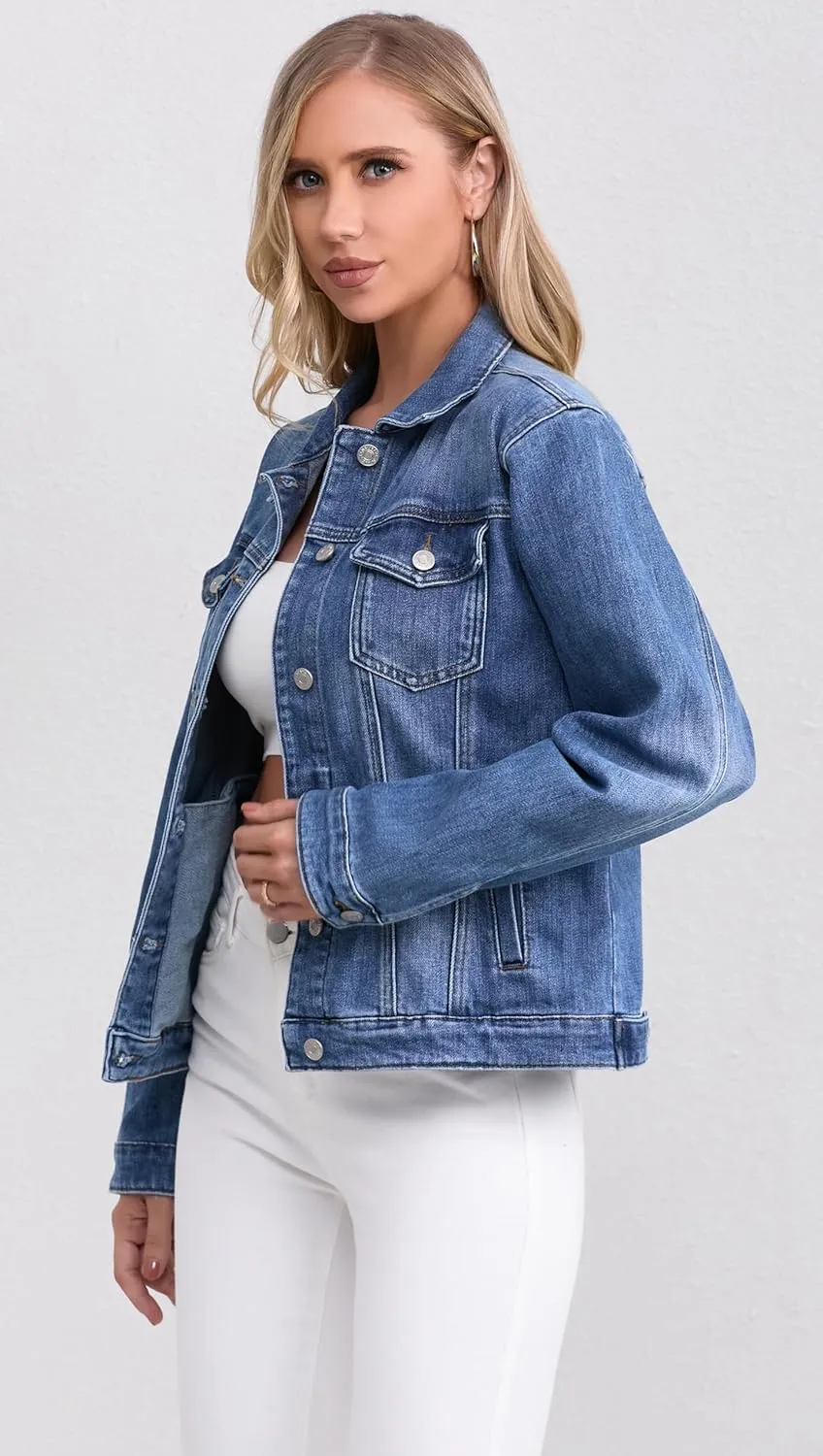 Women's Stretch Jean Jacket, Lightweight Soft Denim Jacket for Women Fitted Long Sleeve Womens Jean Trucker Coat