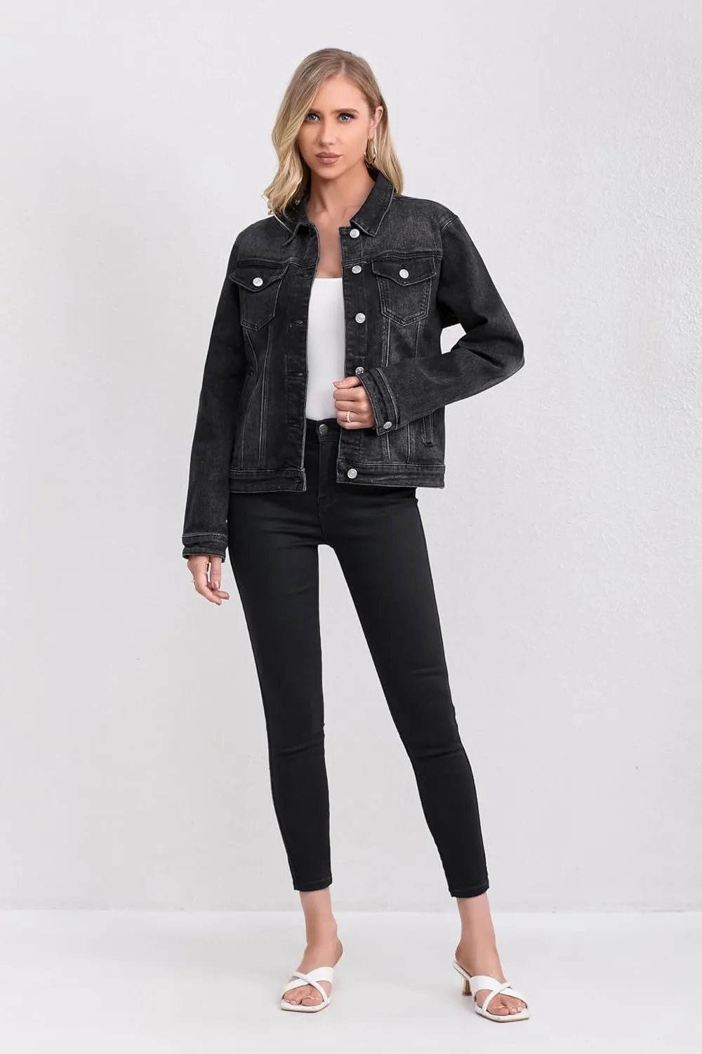 Women's Stretch Jean Jacket, Lightweight Soft Denim Jacket for Women Fitted Long Sleeve Womens Jean Trucker Coat