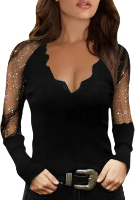 Womens Tunic Tops Sexy Criss-Cross Long Sleeve Blouse Lace Cut Out Cold Shoulder Tops Dressy Basic Shirts